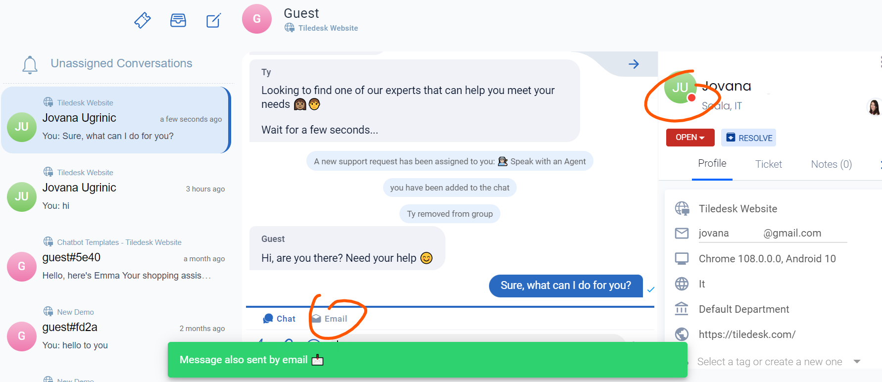 How to send live chat offline messages by email Tiledesk